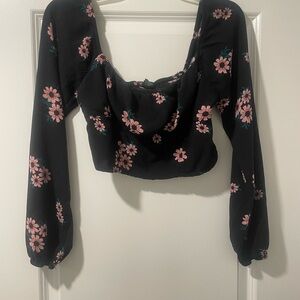 Wild Fable Black Crop Top with Pink Floral Design